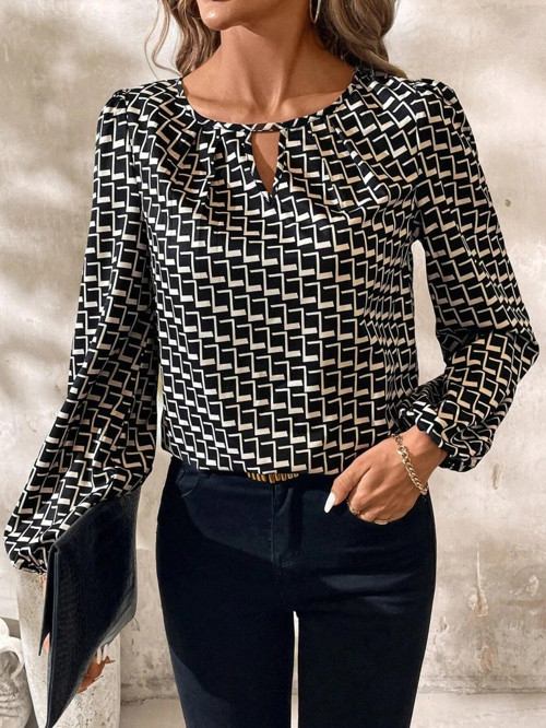 Kadın Uzun Kollu Damla Detaylı Yaka Desenli Süprem Bluz