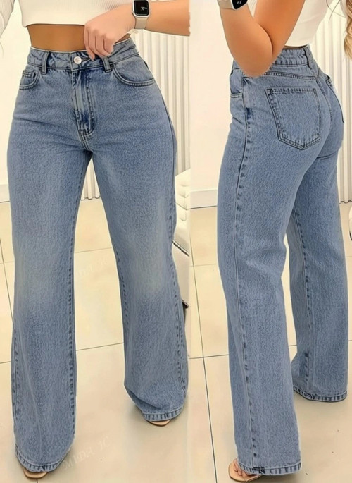 Kadın Yüksek Bel Cepli Paçaya Doğru Geniş Kot Pantolon