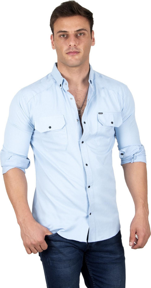Erkek Buz Mavisi Slim Fit Dar Kesim Pamuklu Spor Gömlek Çıtçıtlı Likralı Gabardin Gömlek 2300421