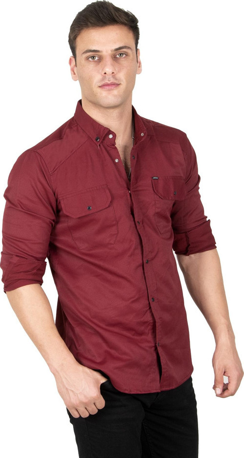 Erkek Bordo Slim Fit Dar Kesim Pamuklu Spor Gömlek Çıtçıtlı Likralı Gabardin Gömlek 2300421
