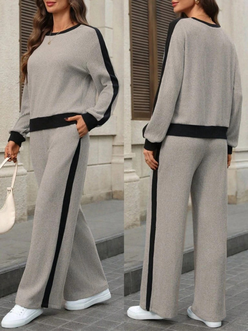 Kadın Uzun Kollu Bisiklet Yaka şardonlu Kaşkorse Bluz Ve Pantolon Ikili Takım
