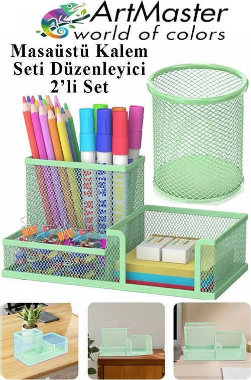 Masaüstü Metal Silindir Kalemlik ve 3 lü Düzenleyici 1 Paket Fileli Perfore Açık Yeşil Kalemlik Kağıtlık Düzenleyici