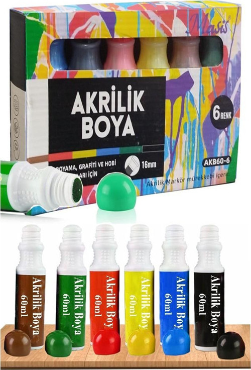 Sıvı Akrilik Boya 6 Renk 60 ml 1 Paket Masis Likit Akrilik Boya 6 lı Akrilik Markör Mürekkep Grafiti Ahşap Plastik