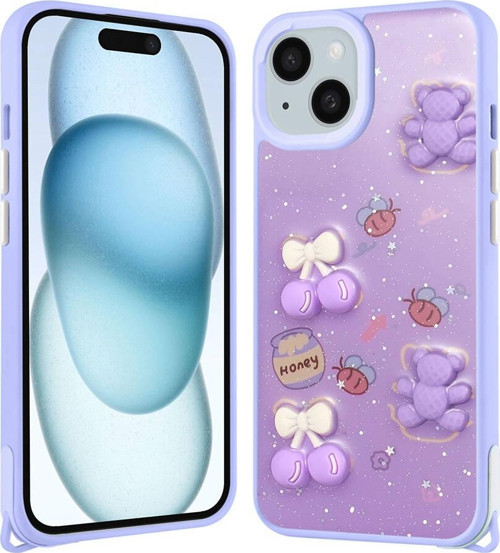iPhone 14 Plus Kılıf Parlayan Sıvılı Simli Kabartma Figürlü MKST Cevze Kapak-Mor Ayı