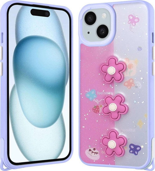iPhone 14 Plus Kılıf Parlayan Sıvılı Simli Kabartma Figürlü MKST Cevze Kapak-Mor-Pembe