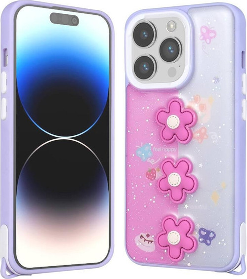 iPhone 14 Pro Max Kılıf Parlayan Sıvılı Simli Kabartma Figürlü MKST Cevze Kapak-Mor-Pembe