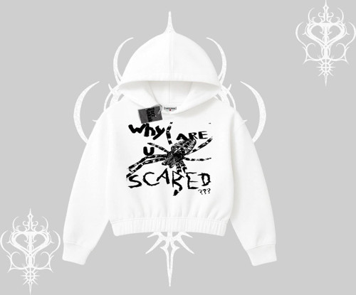 Beyaz Crop Kapşonlu Sweatshirt Why are u Scared