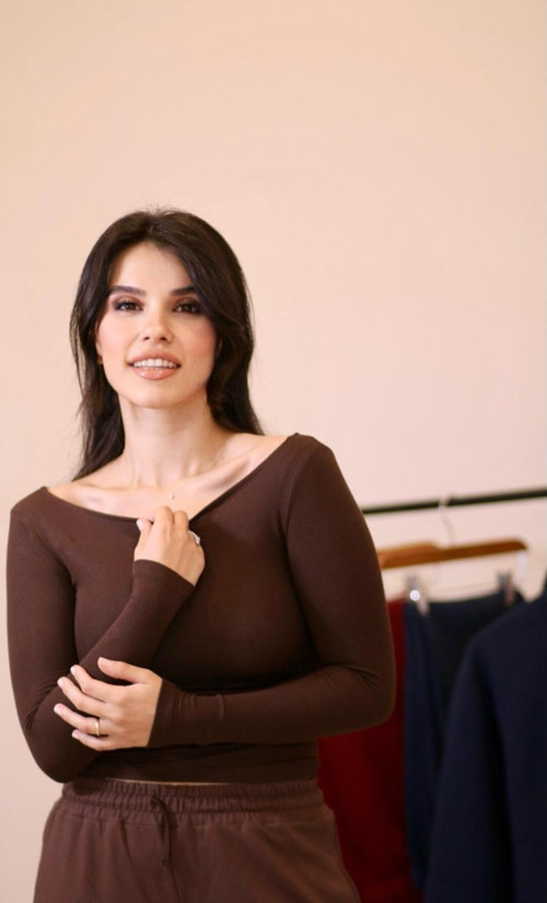 Kayık Yaka Uzun Kollu Kaliteli Buzzy Kumaş Kahverengi Badi