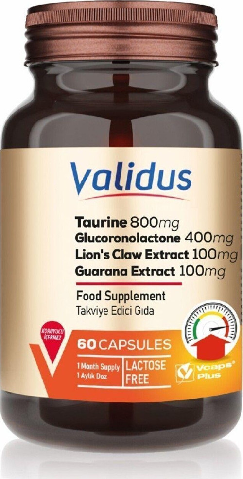 VALIDUS TAURINE KAPSÜL, TAURİN, GLUKURONOLAKTON VE ASLAN PENÇESİ İÇEREN TAKVİYE EDİCİ GIDA 60 kapsül