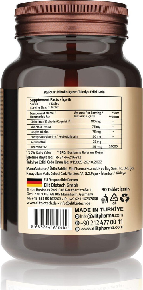 VALIDUS COGNIZIN CITICOLINE 100 MG TABLET, SİTİKOLİN, GİNKGO BİLOBA VE DAM KORUĞU İÇEREN TAKVİYE EDİCİ GIDA 30 tablet