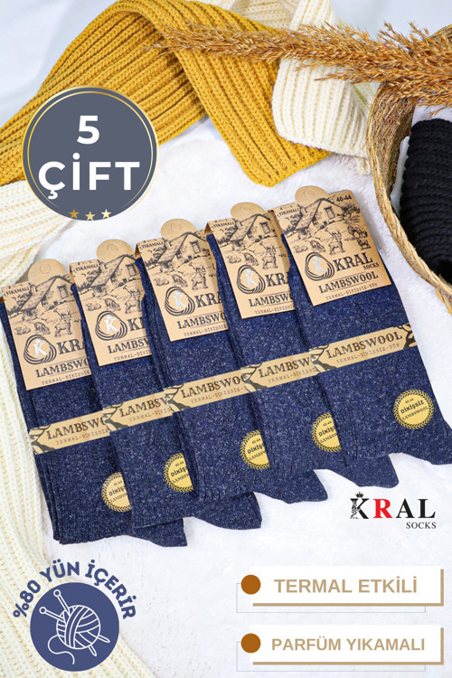 Erkek - (5 Adet) Akrilik Yün Ve Koyun Yünü Karışımlı Lambswool Çorap Seti