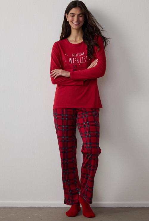 Kırmızı Ny Wishlist Ekoseli Pamuklu Uzun Kollu Pijama Takımı