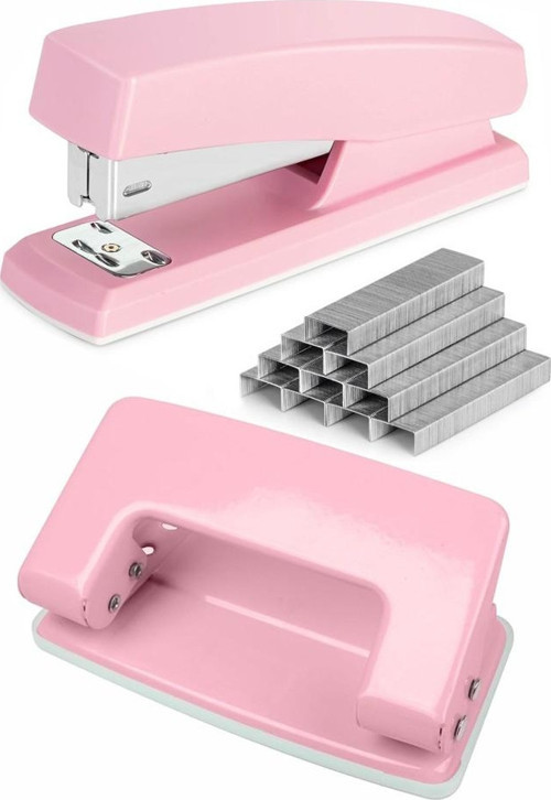 Açık Pembe Zımba Makinesi No:10 ve Delgeç 1 Adet Küçük Zımba Makinası ve Teli Kağıt Delgeci Perfaratör Büro Ofis Okul