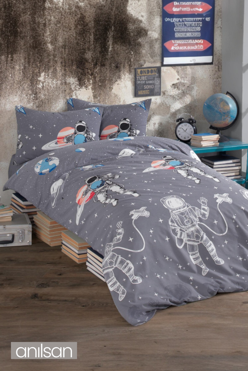 Astronot Desenli Baskılı Çocuk Nevresim Takımı Tek Kişilik Yumuşak Pamuklu Kumaş