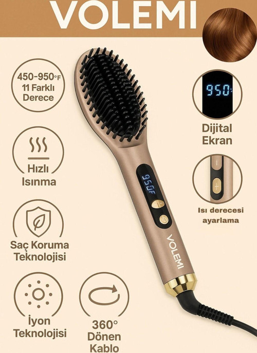 Volemı® V-0111 Dijital Ekranlı Saç Düzleştirici Fırça 450-950°f 11 Kademe İyon Teknolojisi Hızlı Isı