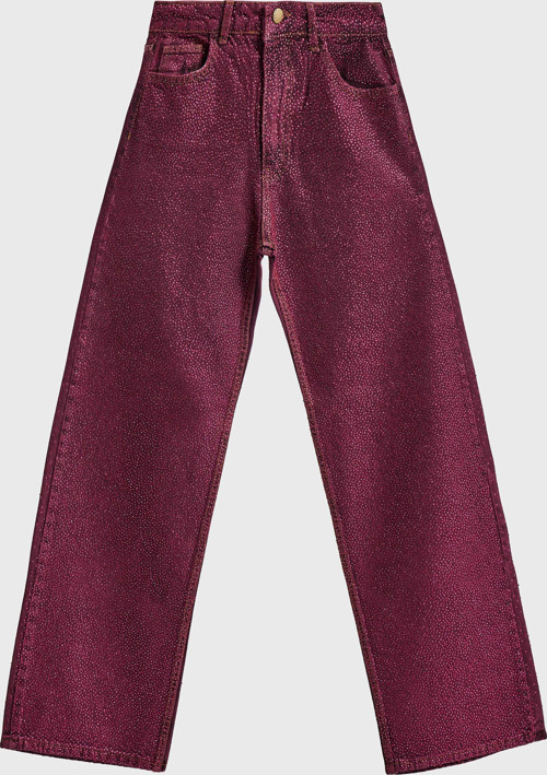 Kadın Bordo Renk T3-20w5-98 Straight Fit Yüksek Bel Ön ve Arka Parlak Taşlı Özel Tasarım Denim Jean