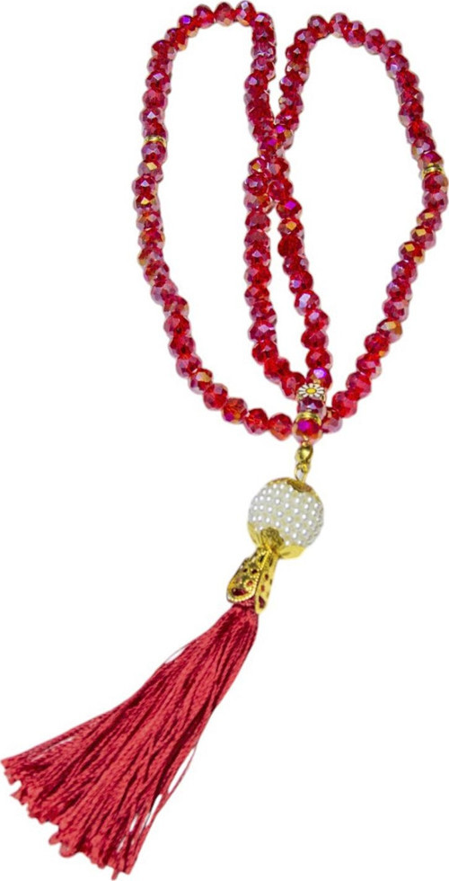 İnci Desenli Püsküllü 99'Lu Hediyelik Tesbih - 8 Mm Kristal Kırmızı