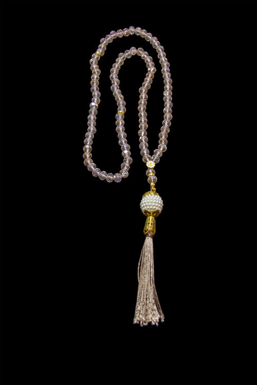 İnci Desenli Püsküllü 99'Lu Hediyelik Tesbih - 8 Mm Kristal Açık Bej