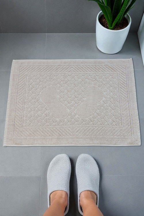 Ayak İzi Desenli 2li Ayak Havlusu - 50x70 cm - Su Emici Banyo Paspası Seti - Krem