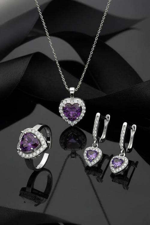 925 Ayar Ametist Taşlı Rodyum Pırlanta Işıltılı Kalp 3'lü Gümüş Set-Takım *Ayarlanabilir