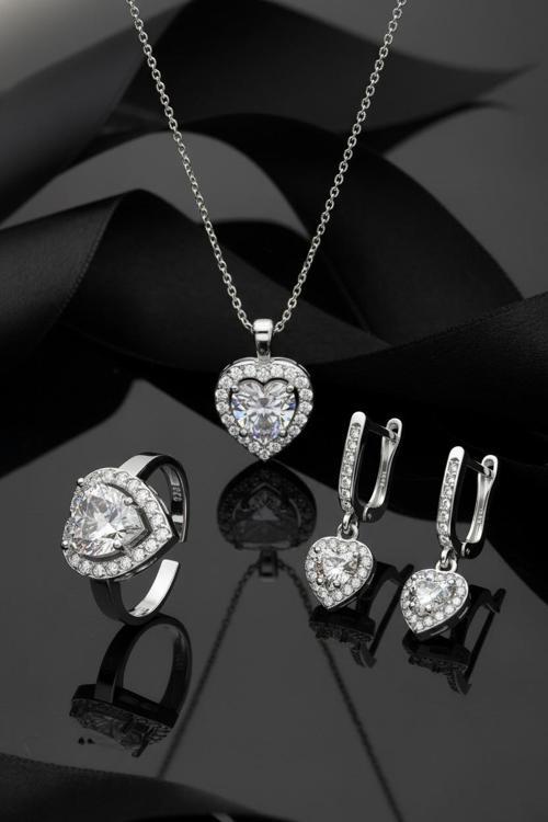 925 Ayar Zirkon Taşlı Rodyum Pırlanta Işıltılı Kalp 3'lü Gümüş Set-Takım *Ayarlanabilir