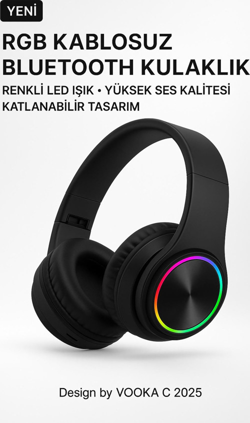 RGB Işıklı Kablosuz Bluetooth Kulak Üstü Kulaklık | Müzik, Oyun, Mikrofonlu, Katlanabilir