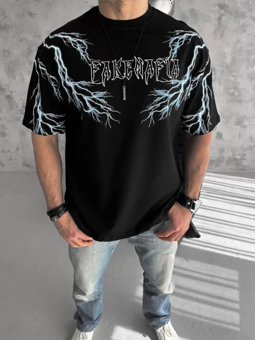 Unisex Bisiklet Yaka Baskılı Oversize TShirt
