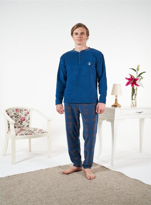 Düz Renk Uzun Kol Polar Erkek Pijama Takım