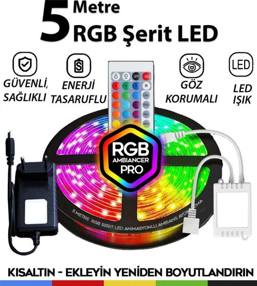 Şerit Led 5 Metre Animasyonlu Tak Çalıştır Kumandalı Trafolu Rgb Şerit Işık Aydınlatma Parti Led