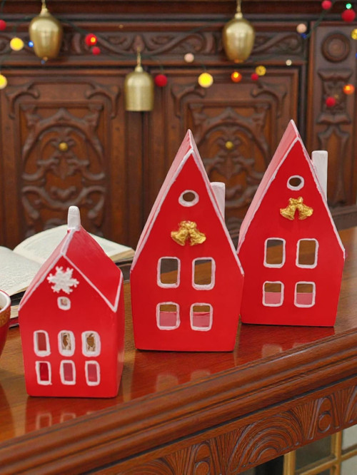 Home Yılbaşı Ev Mumluk Seti, Kırmızı Renkli Yüksek Kaliteli Malzeme El Yapımı Dekoratif Obje Biblo, Ev Dekoru, Masa Dekoru, Yılbaşı Dekoru, Hediyelik, Yılbaşı Evleri