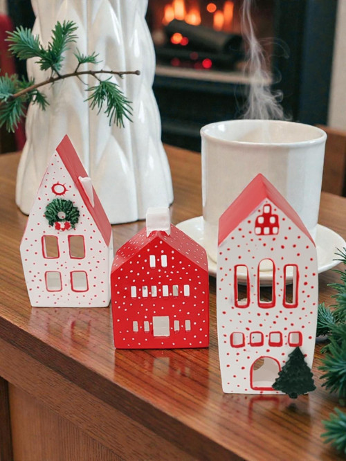 Home Yılbaşı Ev Mumluk Seti, Kırmızı ve Beyaz Renkli Yüksek Kaliteli Malzeme El Yapımı Dekoratif Obje Biblo, Ev Dekoru, Masa Dekoru, Yılbaşı Dekoru, Hediyelik, Yılbaşı Evleri