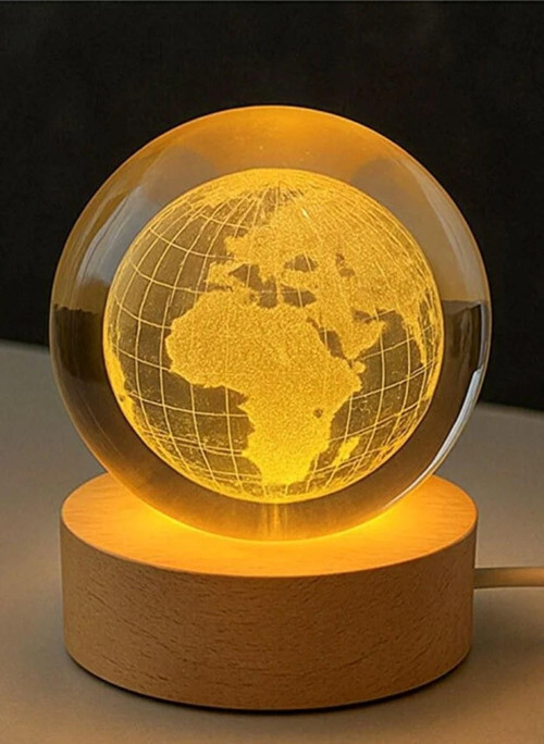 3D Kristal Dünya Haritası Cam Küre Led Işıklı Ahşap Standlı Tavana Işık Yansıtmalı USB Gece Lambası