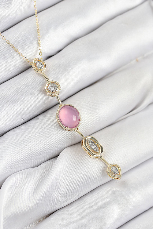 Pirinç Zincir Pembe Gold Renk Zirkon Taşlı Y Kolye