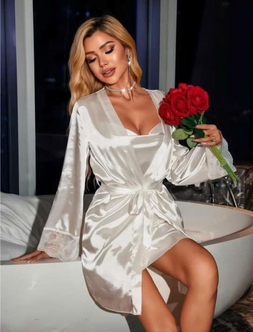 MDB MdbShop Dantel İşlemeli İnce Askılı Beyaz Saten 2li Gecelik Sabahlık Takımı