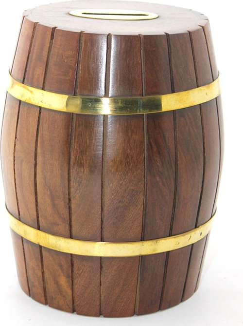 Pirinç Ahşap Fıçı Kumbara 15 Cm