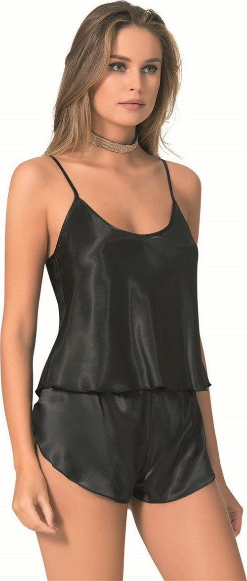 Siyah Saten Babydoll Şort Takımı