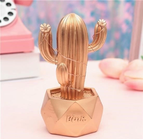Led Işıklı Sevimli Kaktüs Dekoratif Masa Lambası Mini Biblo Gece Lambası-Gold