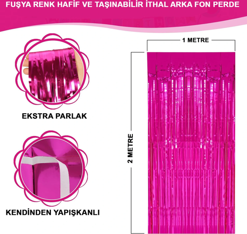 Ekstra Metalize Parlak Saçaklı Arka Fon Perde Fuşya