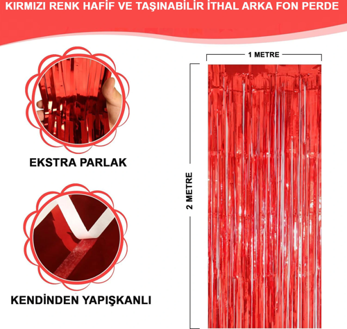 Kırmızı Metalize Parlak Saçaklı Perde