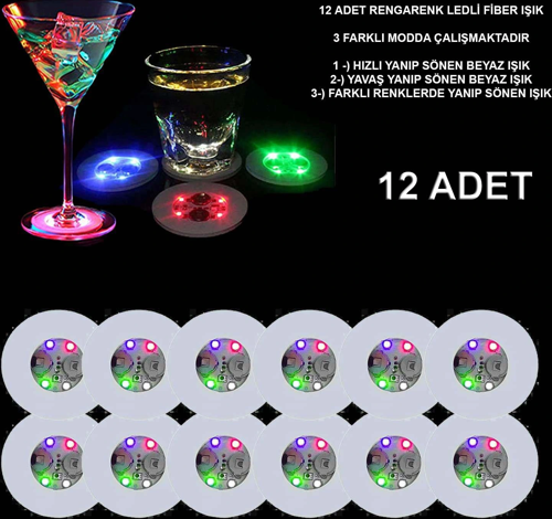 Renkli Led Işıklı Bardak Altlığı - 12 Adet, Pilli