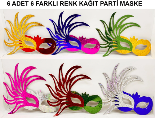 Rengarenk Kağıt Parti Balo Maskesi 6 Adet