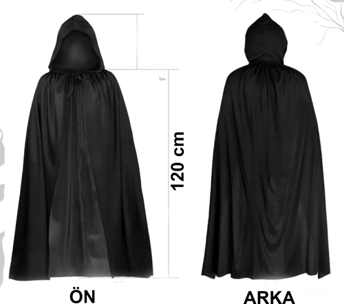 Siyah Uzun Pelerin 120 Cm Kapüşonlu