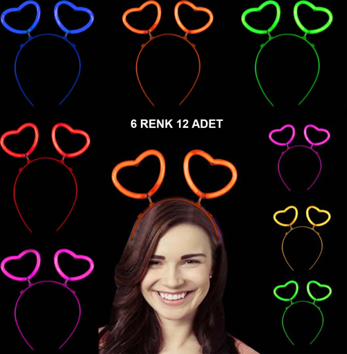Glow Stick Karanlıkta Yanan Fosforlu Kalp Taç 12 Adet