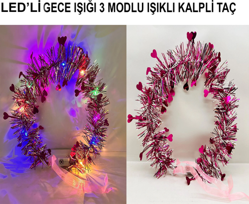 Kalp Püsküllü 3 Modlu Led Işıklı Taç Fuşya Renk