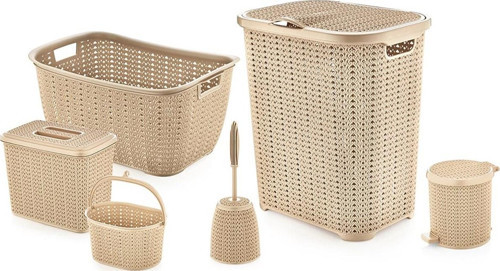 6 Parça Dekoratif Örgü Desenli Banyo ve Çamaşır Seti - Çeyiz Seti