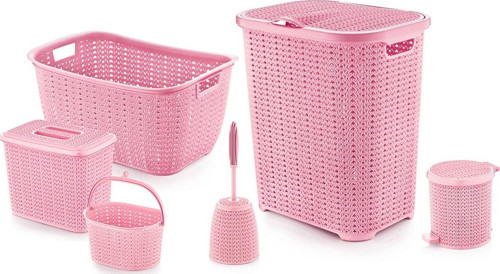 6 Parça Dekoratif Örgü Desenli Banyo ve Çamaşır Seti - Çeyiz Seti