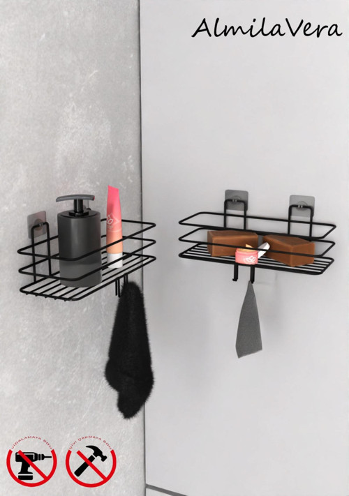 Siyah Güçlü Yapışkanlı Kancalı Banyo Rafı 2 Adet.