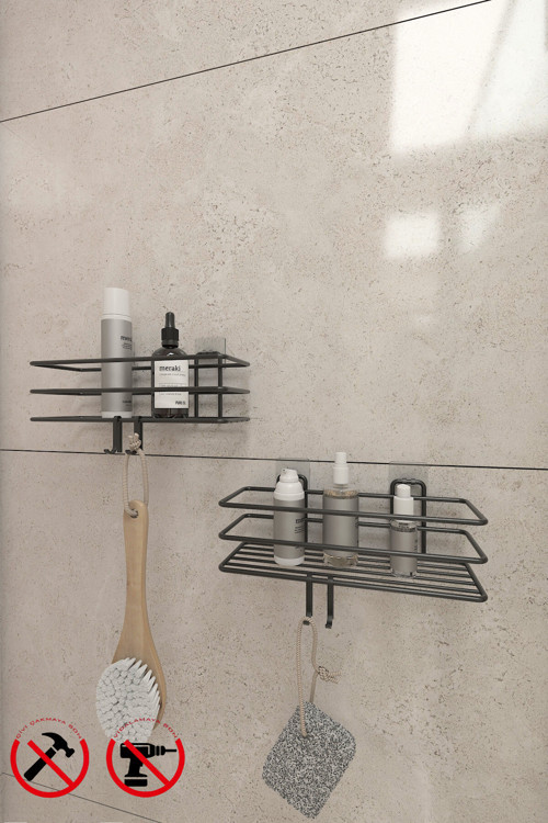 Güçlü Yapışkanlı Metal Kancalı Siyah Banyo Rafı 2 adet