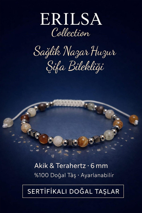 Sertifikalı Sağlık Nazar Huzur Şifa Bilekliği - Akik ve Terahertz Doğal Taş 6 mm Ayarlanabilir