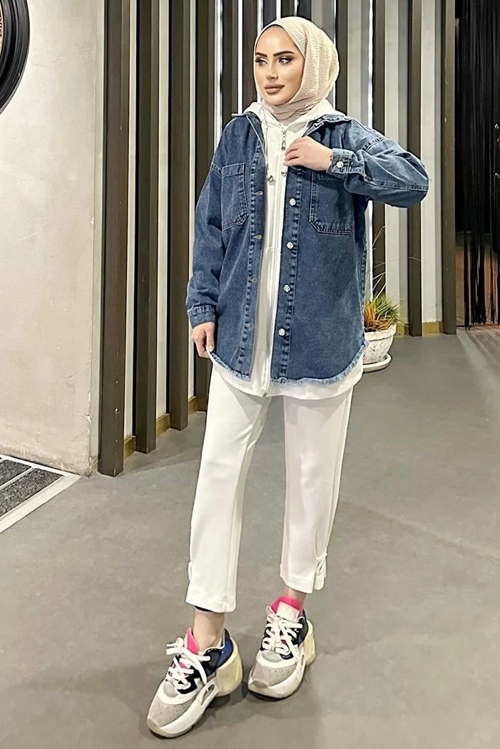 Koyu Kar Yıkama Püskül Detay Kot Ceket Oversize